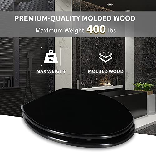 Angel Shield Toilet Seat with Zinc Alloy Hinges Quiet-Close Quick-Release Wood Molded UV Lid Easy Clean(Elongated,Black) | Soft Close Quick Release Metal Hinges, Adjustable Fit for Standard Elongated Toilets, Easy Install&Clean(Black) - color: Black, size