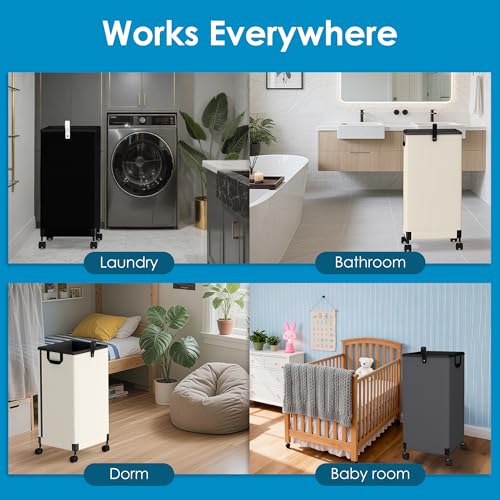 Laundry Basket with Wheels 105L, Large Rolling Laundry Hamper with Removable Bag, Metal Frame Collapsible Dirty Clothes Bin, Cloth Organizer Hampers Pull Handle for Bathroom, Dorm, Bedroom Dark Grey - color: Grey - 1 Pack