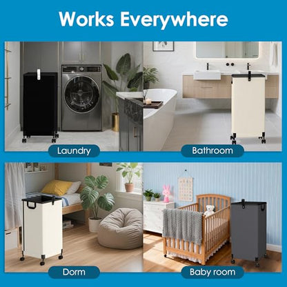 Laundry Basket with Wheels 105L, Large Rolling Laundry Hamper with Removable Bag, Metal Frame Collapsible Dirty Clothes Bin, Cloth Organizer Hampers Pull Handle for Bathroom, Dorm, Bedroom Dark Grey - color: Grey - 1 Pack