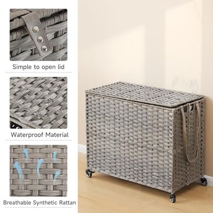 Laundry Hamper with Wheels, 52.8 Gallon(200L) Rolling Laundry Basket with Lid, Removable Large 3 Color Liners & 3 Mesh Laundry Bags, Clothes Hamper with Side Pocket, Grey - color: Grey, size: 31.5"L x 15.75"W x 25.6"H