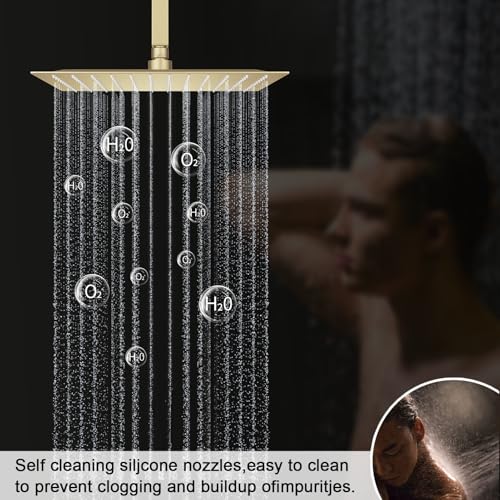 Brushed Gold Shower System Temperature Display Shower Faucet Set | 12 inch and 8 inch Full Body Shower Head, with 6 PCS Body Jet and Handheld Spray - color: Brushed Gold, size: 12+8 inch