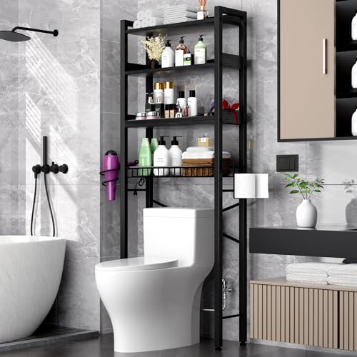Over The Toilet Storage Cabinet,4 Tier Bathroom Organizer and Storage With Adjustable Shelf Waterproof Feet Pad and Basket Multifunctional Space Saver Freestanding Bathroom Shelves With Dividers Black - color: Black