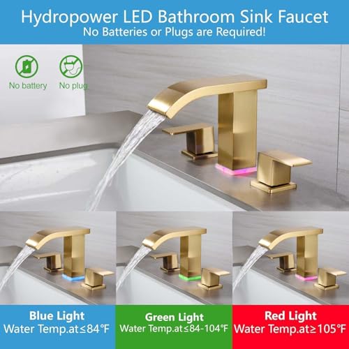 LED Light Widespread Bathroom Faucets for Sink 3 Hole Waterfall Brushed Gold-Bathroom Faucet with Pop-up Drain Assembly, 8 Inch Bathroom Sink Faucet 2-Handles,Modern Lavatory Vanity Faucet - color: Brushed Gold