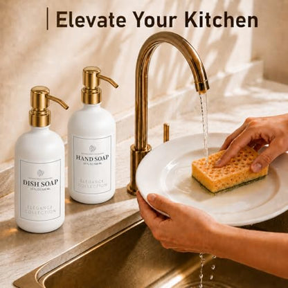 Fachixy White Glass Soap Dispenser 2 Pack, 16 Fl Oz, 14 Waterproof Labels | Rust-Resistant Stainless Steel Pump, Non-Slip Pad, Hand & Dish Soap Dispenser Bottles Set for Kitchen and Bathroom - color: White
