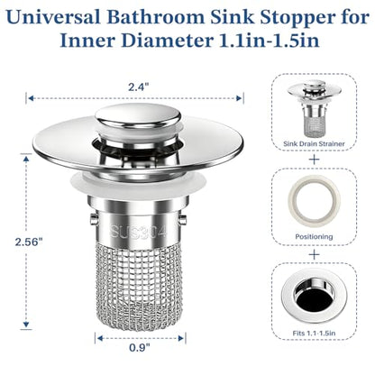 Bathroom Sink Drain Strainer,Pop Up Sink Stopper with Removable Stainless Steel Hair Catcher Basket, Anti-Clog Bathroom Sink Drain Plug for 1.1-2.36 Inch Drain Holes (Sliver 5Pcs) - color: Sliver-5pcs