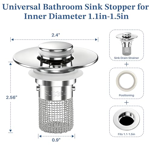 Bathroom Sink Drain Strainer,Pop Up Sink Stopper with Removable Stainless Steel Hair Catcher Basket, Anti-Clog Bathroom Sink Drain Plug for 1.1-2.36 Inch Drain Holes (Sliver 2Pcs) - color: Sliver-2pcs