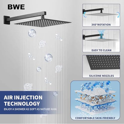 BWE 12 Inch Matte Black 2-Faction Wall Mounted Bathroom Shower System Set | Brass and Stainless Steel,Rainfall Shower Head,Handheld Shower Head,Pressure Balance Valve,Escutcheon Plate,Hotel,Bath Center - color: Matte Black, size: 12 Inch