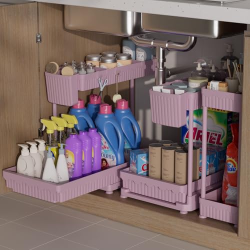 3-Pack 2-Tier L-Shaped Under Sink Organizers with Sliding Drawers | Multi-use kitchen & bathroom storage, 14.85 inch pink cabinet organizer, space-saving sliding drawer design. - color: Pink, size: 14.85 Inch
