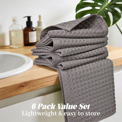 Cleanbear Gray Waffle Wash Cloths 6 Pack Quick Dry for Bathroom Travel | 100% Cotton 13x13 Inches Soft Absorbent Washcloths for Face Body Guest Bathroom Gym Bag Modern Life - color: Gray