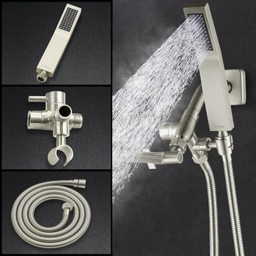 G-Promise All Metal 10" Dual Square Shower Head Combo | Rain Shower Head | Handheld Shower Wand | Adjustable | 3-Way Diverter | 71" Extra Long Hose - A Bathroom Upgrade(Brushed Nickel) | Built to Last, Easy Install, Adjustable Height & Angle for All Heigh