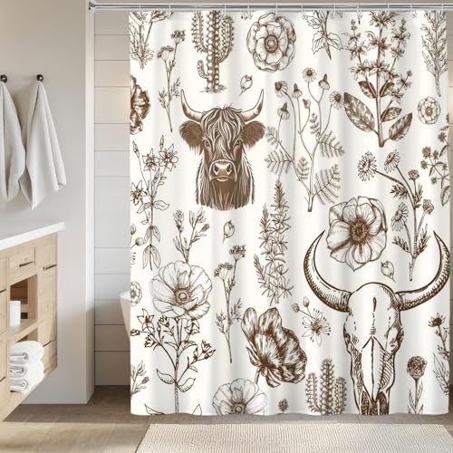Wild West Bull Skull Shower Curtain Western Cactus Cow with Flowers Shower Curtains Brown Southwestern Bathroom Shower Curtain Set Bohemian Farmhouse Nature Bathroom Home Decor 72X72 inches - color: Brown Cream