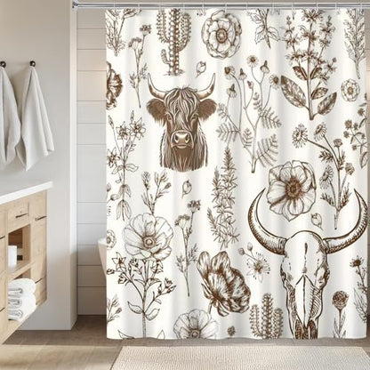 Wild West Bull Skull Shower Curtain Western Cactus Cow with Flowers Shower Curtains Brown Southwestern Bathroom Shower Curtain Set Bohemian Farmhouse Nature Bathroom Home Decor 72X72 inches - color: Brown Cream