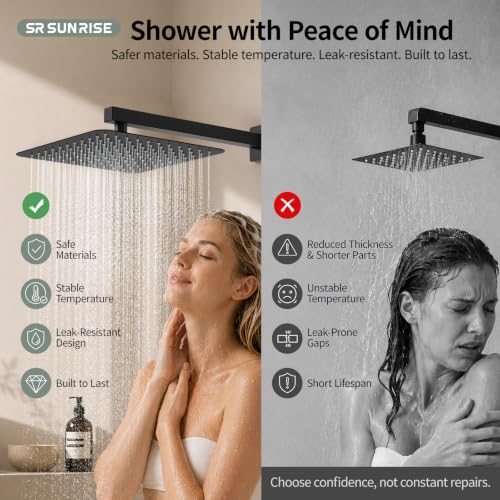 SR SUN RISE 12 Inches Matte Black Shower System 12 Inch Brass Bathroom Luxury Rain Mixer Shower Combo Set Wall Mounted Rainfall Shower Head System Shower Faucet Rough-in Valve Body and Trim Included - color: Matte Black, size: 12 Inch
