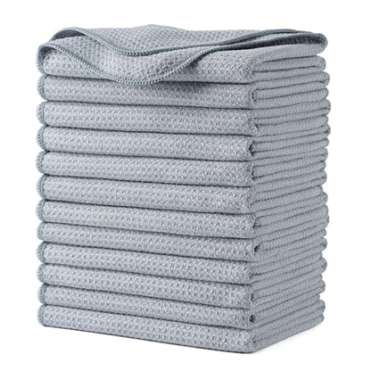 POLYTE 340 GSM Microfiber Waffle Kitchen Dish Tea Towel, 16x28 in, 12 Pack | Lint Free, Quick Dry - color: Gray, size: 16x28 in