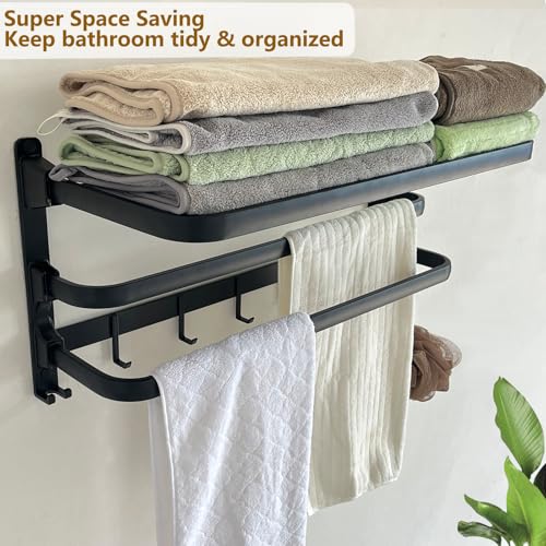 24in Towel Racks Shelf for Bathroom Wall Mounted with 2 Bar for Hotel,Black | Double Space Saving Foldable Rustproof Painted Aluminum L-Shape 2 Bars Modern - size: 2 Tier