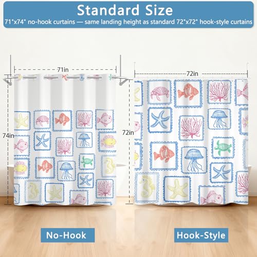 Double Layer Shower Curtains, No-Hook Cute Shower Curtain with Snap-in Weighted Shower Curtain Liner, Water Repellent & Quick-Dry Bath Tub Curtain, Cartoon Ocean Creature Stamp Pattern, 71"W x74"L - color: Ocean Stamps