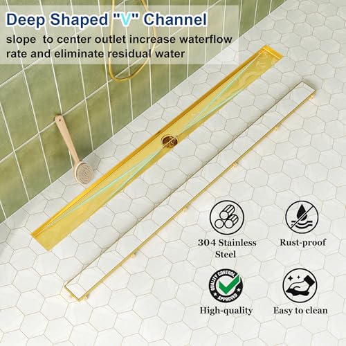 Neodrain 48-Inch Linear Shower Drain-Gold,with Tile Insert Grate | 304 Stainless Steel, Fast Drainage, Rectangle Shower Floor Drain with Leveling Feet & Hair Strainer, Fits Bathroom, Balcony - color: Gold, size: 48 IN