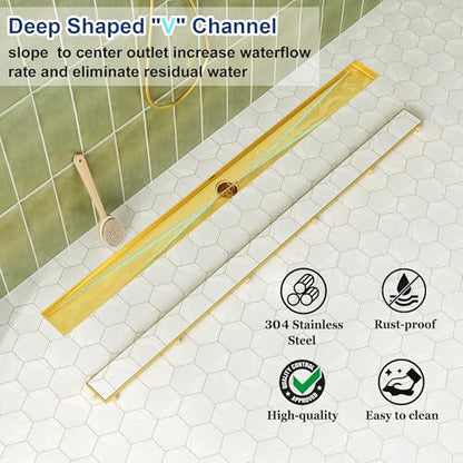 Neodrain 48-Inch Linear Shower Drain-Gold,with Tile Insert Grate | 304 Stainless Steel, Fast Drainage, Rectangle Shower Floor Drain with Leveling Feet & Hair Strainer, Fits Bathroom, Balcony - color: Gold, size: 48 IN