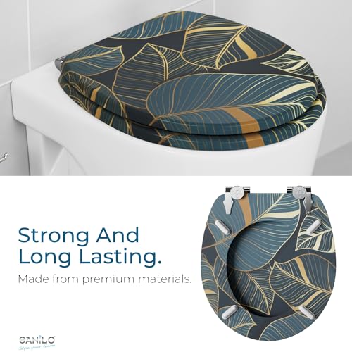 SANILO Wooden Toilet Seat with Soft Close [ROUND] - Decorative, Quiet & Slow Close Molded Wood Seat - With Strong Bumpers & Hinges - Adjustable Fit - Monstera - color: Monstera