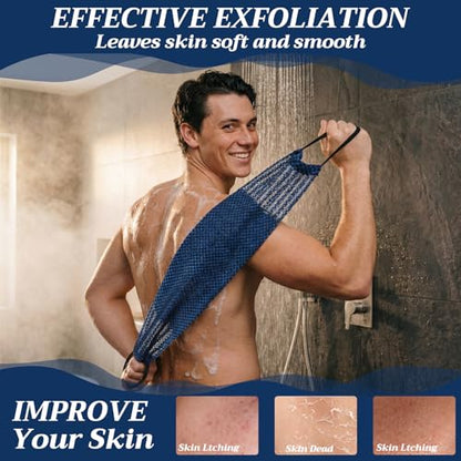 Chumia 3 Pcs Japanese Exfoliating Washcloth Towel with Handle Dual-Textured Back Scrubber for Shower Gentle Exfoliation Deep Cleanse Exfoliate Loofah Luffa Sponge Exfoliator for Women Men Bath Shower - color: Blue
