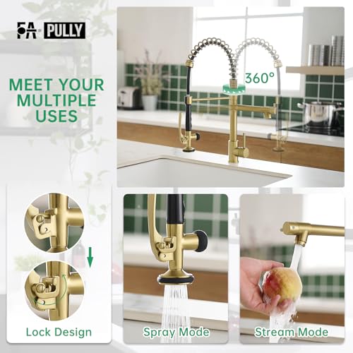 Fapully Commercial Brushed Gold Kitchen Faucet with Pull Down Sprayer | High-Pressure Flow,1.8 GPM Kitchen Faucet Single Handle Spring Faucets for Kitchen Sink - color: Brushed Gold, style: Classic