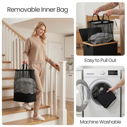 efluky Slim Laundry Basket with Lid, Narrow Laundry Hamper with Removable Bag, Skinny Dirty Clothes Basket with Bamboo Handles for Bathroom, Bedroom & Laundry Room, 65L Black - color: Black, size: 65L