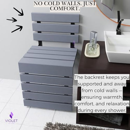 Folding Wall Mounted Teak Wood Shower Seat with Backrest, Water Resistant Foldable Bathroom Stool with Legs, Premium Materials Handmade Shoe Changing Bench, Space Saving and Super Safe Chair (Gray) - color: Gray