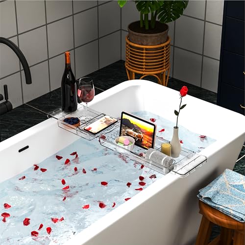 Luxury Tub Tray for Bathtub Expandable,Clear Bath Shelf Over Tub and Acrylic Bathtub Tray,Plastic Bath Board & Table,Bath Caddy Tray & Accessories for Mothers,Mom and Women Relaxing Spa Gifts - size: M - (22.3 to 31.8 in）