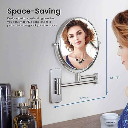 Circular Wall Mount Makeup Mirror, Dual-Sided 1x/5x Magnifying Mirror with Extendable Arm, 360° Swivel, Solid Brass Construction for Durability and Style (Brushed Nickel, KMM100) - color: Brushed Nickel