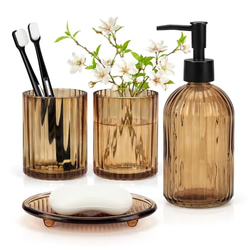 4Pcs Glass Bathroom Accessories Set, Amber Bathroom Set Glass Bathroom Decor Set with Complete Lotion Soap Dispenser, Toothbrush Holder, Mouthwash Cup, Soap Dish for Home Apartment