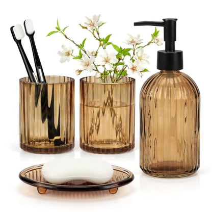 4Pcs Glass Bathroom Accessories Set, Amber Bathroom Set Glass Bathroom Decor Set with Complete Lotion Soap Dispenser, Toothbrush Holder, Mouthwash Cup, Soap Dish for Home Apartment