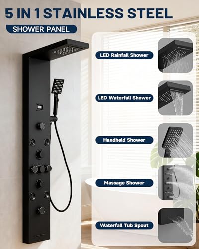 5 IN 1 Shower Panel Stainless Steel Shower Tower Panel System Matte Black | Rainfall Waterfall Shower Head with Handheld Shower Massage Body Jets with Tub Spout Shower System by Homevacious - color: Matte Black, style: 5 In 1 Shower Panel