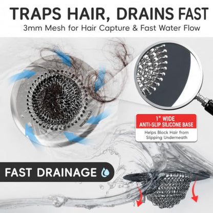 Shower Drain Hair Catcher, Patented Bathtub Drain Cover, Anti-Clog | Reversible Flip Clean, Fast Drainage, Anti-Slip Base, 304 Stainless Steel Chain Mail Mesh, 4.4" for Bathtub & Shower Drains - color: Silver