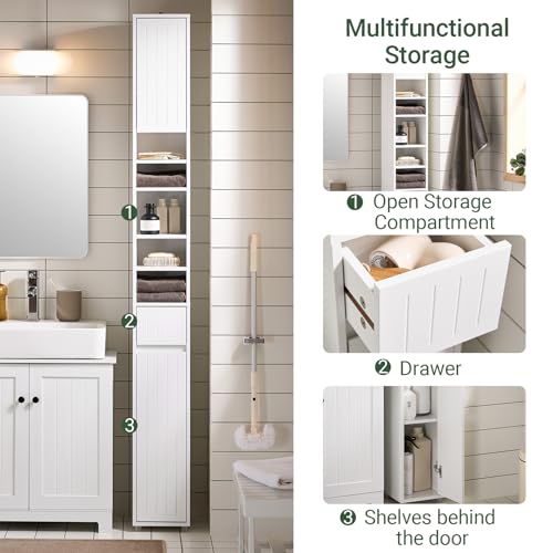 SoBuy Tall Narrow Storage Cabinet, Skinny Bathroom Cabinet with Adjustable Shelves Slender, Anti-Tipping Floor Standing Cupboard, Pinstripe White BZR160-W | BZR160-W Bathroom Cabinet with Doors, Drawer and Adjustable Shelves, Standing Bathroom Shelf, Whit