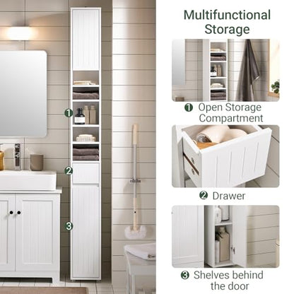 SoBuy Tall Narrow Storage Cabinet, Skinny Bathroom Cabinet with Adjustable Shelves Slender, Anti-Tipping Floor Standing Cupboard, Pinstripe White BZR160-W | BZR160-W Bathroom Cabinet with Doors, Drawer and Adjustable Shelves, Standing Bathroom Shelf, Whit