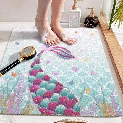 Square Shower Mats for Inside Shower, Mermaid Non Slip Bath Mat Quick Drying Bathmat Easy Cleaning Cute Shower Matt for Kids Bathroom Floor, Textured Surface Shower Foot Scrubber Mat, 24″X24″ - color: D03