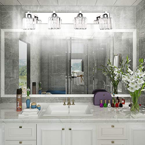 Aipsun Crystal Bathroom Vanity Light Modern Vanity Lighting Fixtures Crystal Vanity Light for Bathroom 4 Lights(Not Include Bulb) - color: Chrome (Round), size: 32 inch
