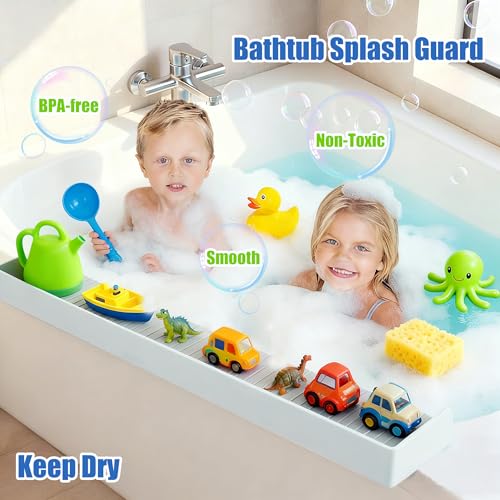 Longer Bathtub Splash Guard for Kids Adult - Bathtub Tray 31IN Silicone Bath Tub Tray Shelf with 11 Suction Cups, Bathtub Accessories Bath Toy Holder Play Shelf , Sink Side Splash Guard Tray, Gray