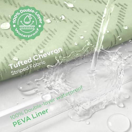 Extra Long Shower Curtain and Liner Set - 90 inch Tall Boho Shower Curtain and Waterproof Clear Liner, Tufted Chevron Striped Tassel Shower Curtains for Bathroom, 12 Hooks, 72x90, Sage Green - color: Sage Green, size: 72"W x 90"L (Pack of 1)