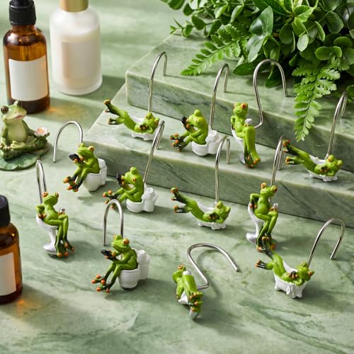 Roowest 12 Pcs Frog Shower Curtain Rings, Green Cute Stainless Steel | Rust Resistant Bathroom Accessories, Decorative Hangers for Farmhouse Rustic Decor, Durable Hooks for Winter Bathroom - style: Green Frog
