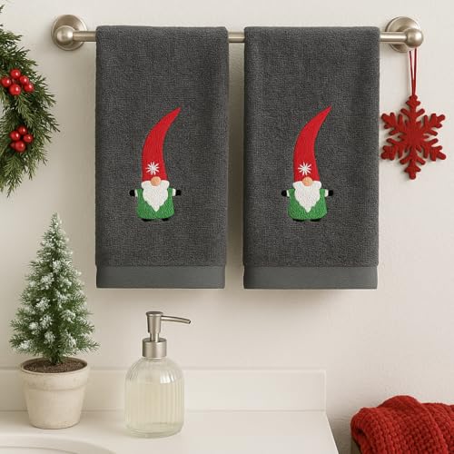 Christmas Guest Hand Towels: Grey Plush Terry Cotton Embroidered Spritly Gnome - color: Nordic Gnome