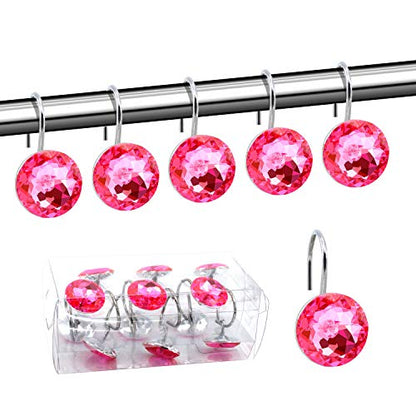 BEAVO Acrylic Fashion Decorative Home Rolling Shower Curtain Hooks Rhinestones Bathroom Bath Baby Room Bedroom Living Room Decor Set of 12 Rings (Pink) | Diamond Crystal Decorative Shower Curtain Ring, Stainless Steel Rustproof Shower Hook Ring, Fit Stand