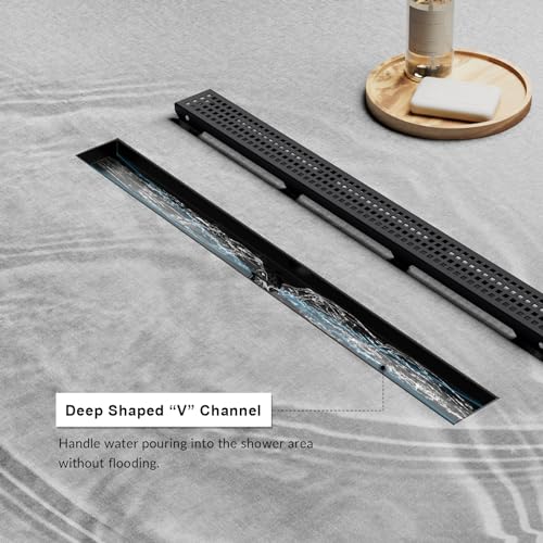 36 Inch Linear Shower Drain, Matte Black 304 Stainless Steel, CUPC Certified Floor Drain with Removable Grate, Hair Strainer and Leveling Feet - color: Black, size: 36''