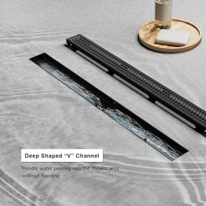 36 Inch Linear Shower Drain, Matte Black 304 Stainless Steel, CUPC Certified Floor Drain with Removable Grate, Hair Strainer and Leveling Feet - color: Black, size: 36''