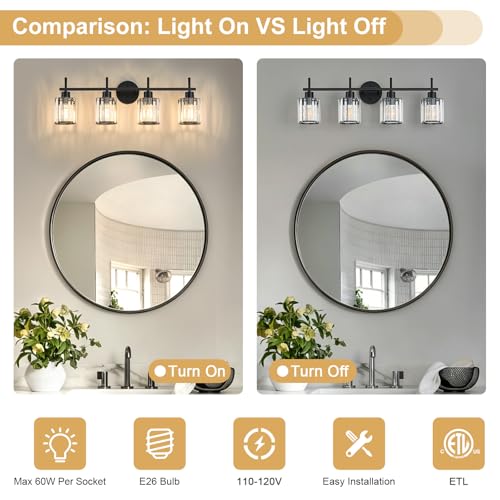 Black Bathroom Light Fixtures, Round, 4-Light | Vanity Lights with Crystal Shades, Modern Bathroom Lighting Fixtures over Mirror (Bulbs Not Included, E26) - color: Black (Round), size: 4-Light