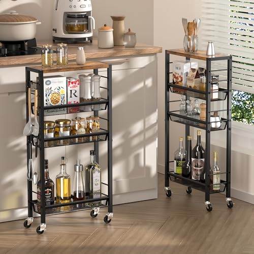 Narrow Storage Cart with Wheels,4-Tier Narrow Kitchen Carts Slim Rolling Cart,Skinny Storage Cart for Small Spaces,Rolling Utility Cart for Livingroom,Diningroom,Office,Laundry Room,Bathroom