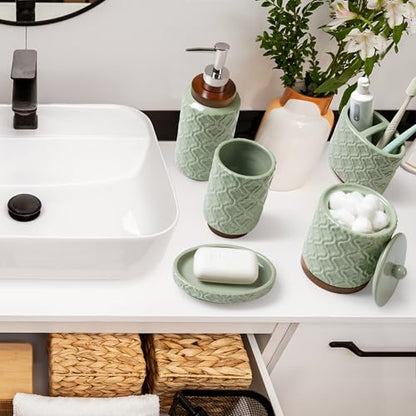 RQYIXI Elegant 5 PCS Ceramic&Wood Bathroom Accessories Set:Soap Dispenser,Toothbrush Holder,Tumbler,Soap Dish,Cotton Swab Jar,Easy to Clean,Quatrefoil Pattern,Green-Affordable Home Luxury - color: Green-5pcs
