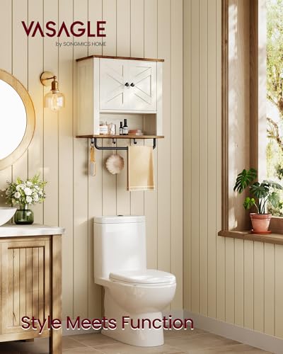 VASAGLE LIRY Collection - Bathroom Wall Cabinet, Farmhouse Wall-Mounted Medicine Storage Cabinet with 2 Barn Doors, Adjustable Shelf, Towel Bar, 7.9 x 18.1 x 24 Inches, Rustic White UBBK132W01S - color: Rustic White, style: 2Doors（24"H）