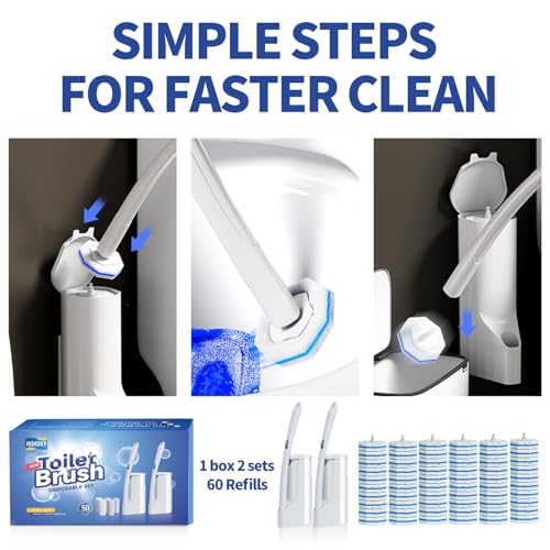 Hohoky Disposable Toilet Brush Cleaning System, Two Sets of Wands and 60p Refills Pads Replacement Heads, Wall Mounted Toliet Stick Starter Kit Bathroom Maintenance, Toilet Bowl Cleaner Holder