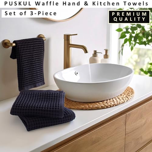 PÜSKÜL Natural 100% Turkish Cotton Waffle Kitchen and Hand Towels, 3-Piece | Black, 32x16" Large, Premium 3D Honeycomb Weave Soft Absorbent Quick-Dry Lint-Free Dish Towel, Oeko-Tex Made in Turkey - color: Black, size: Kitchen & Hand Towels Pack of 3
